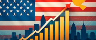 Digital illustration symbolizing U.S. economic growth: an American flag backdrop behind a city skyline, a rising bar chart with arrow, and a soaring golden eagle