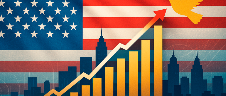 Digital illustration symbolizing U.S. economic growth: an American flag backdrop behind a city skyline, a rising bar chart with arrow, and a soaring golden eagle