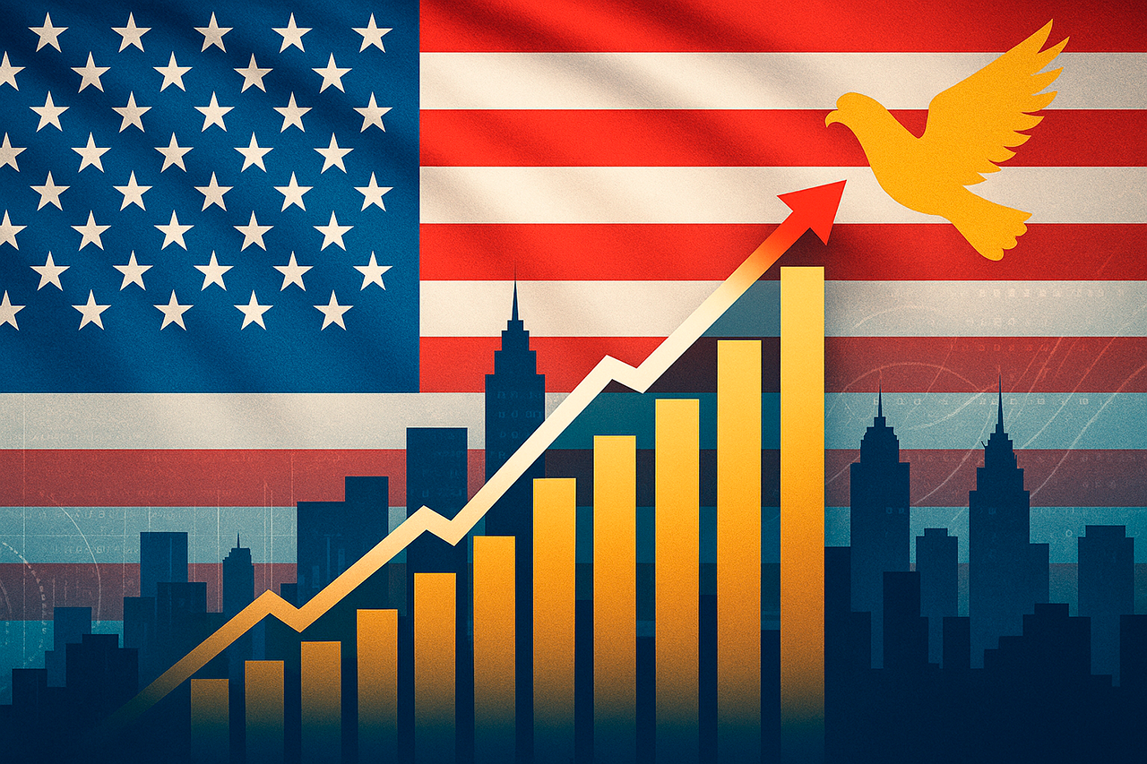 Digital illustration symbolizing U.S. economic growth: an American flag backdrop behind a city skyline, a rising bar chart with arrow, and a soaring golden eagle